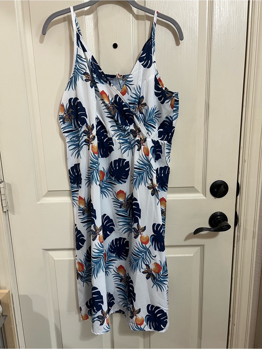 SHEIN White Tropical Midi Dress with Navy and Orange Print
